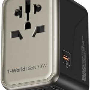 MOMAX 70W GaN Travel Adapter, Universal Travel Socket for Vision Pro with 2USB, 3USB C and 1CA, Travel Adapter Italy England Germany America Australia