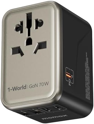 MOMAX 70W GaN Travel Adapter, Universal Travel Socket for Vision Pro with 2USB, 3USB C and 1CA, Travel Adapter Italy England Germany America Australia