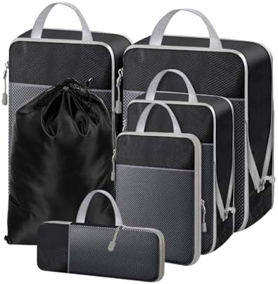 Compression Packing Cubes for Carry on Suitcase, 6 Set Travel Luggage Packing Organizer Bag with Mesh, Extensible Luggage Suitcase, Multifunction Organisers, Black