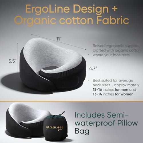 Proglobe Luxe Memory Foam Travel Neck Pillow for Airplanes, Ergonomic 360° Support with Soft Chin Support, Organic Cotton Cover, Compact Compression Bag, Charcoal Black - Image 5