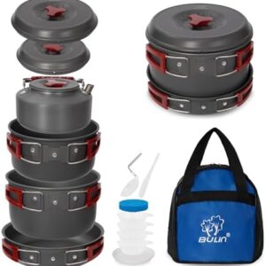 Bulin 24/13/11/8/4 PCS Camping Cookware Mess Kit Lightweight Backpacking Cooking Set Outdoor Cook Gear for Family Hiking, Picnic(Kettle, Pot, Frying Pan, Bowls, Plates, Spoon)