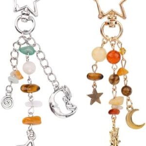 Mikovivi 2pcs Sun Moon Star Keychain Keyring, Y2K Key Chain with Gravel & Beads Boho Aesthetic Bag Charms for Women Girl Purse Handbags Backpack Accessories (Silver, Gold)