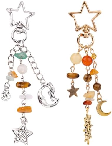 Mikovivi 2pcs Sun Moon Star Keychain Keyring, Y2K Key Chain with Gravel & Beads Boho Aesthetic Bag Charms for Women Girl Purse Handbags Backpack Accessories (Silver, Gold)