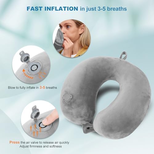 Cirorld Inflatable Travel Pillow, Blow up Neck Pillow for Travel, Lightweight Inflatable Travel Pillow for Airplane with Eye Mask and Earplugs—Travel Essentials for Flying, Grey - Image 2