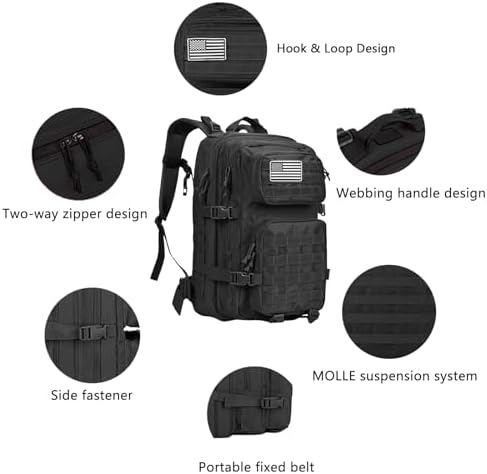 45L Military Tactical Backpacks Large Molle Army Assault Pack 3 Day Bug Out Bag Laptop Bag for Hiking Treeking Black Hunting Rucksack with 4 Flag Patches (Black) - Image 4