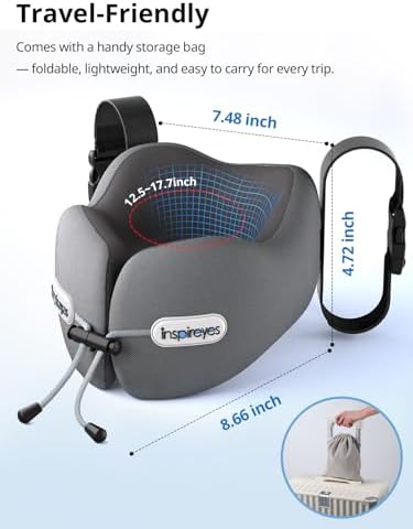 Inspireyes Neck Pillow, Travel Pillow with Seat Strap, 3D Sleep Mask, Dual Support Neck and Head, High Supportive Foam Airplane Pillow for Long Flight Road Trip, Stop Bobblehead Travel Essential, Grey - Image 4
