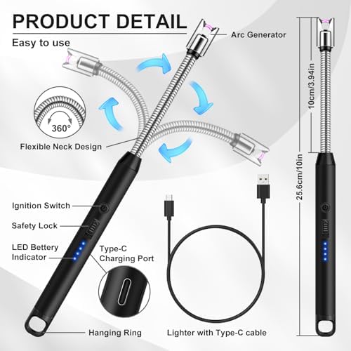 Candle Lighter, Electric BBQ Lighter Long Reach, Electronic USB C Rechargeable Lighter Flameless & Windproof, 360° Flexible Neck & LED Display for BBQ Grill, Candles, Gas Stove - Image 2