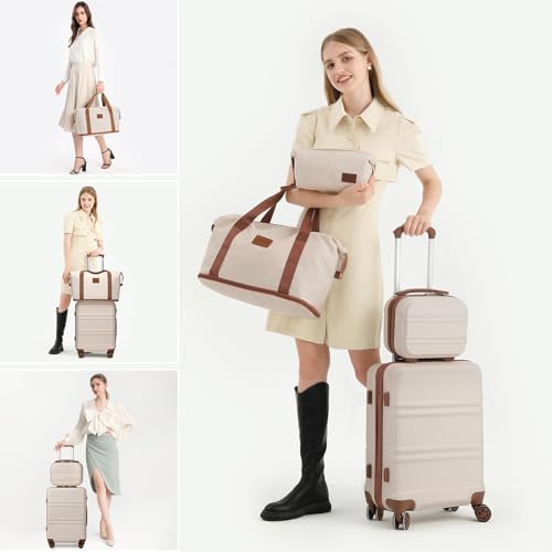Kono 4-Piece Luggage Set, Lightweight ABS+PC Hardshell 12" and 20" Carry-On Cabin Suitcases with TSA Lock, Includes Duffle Bag and Toiletry Bag (Beige/Brown) - Image 8