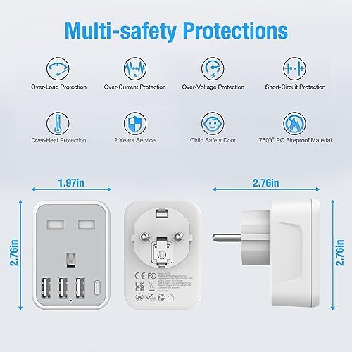 2 Pcak European to UK Plug Adaptor with 4 USB Ports(1 USB C), UK to EU Euro European Plug Adapter Grounded for Germany Spain France Iceland Greece Poland Netherlands Austria Turkey, etc (Type E/F) - Image 7