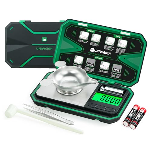 UNIWEIGH Milligram Scale Precision 0.001g/50g mg Scale for Weighing Powders | Digital Jewelry Scale for Gold,Coins,Gem,Reloading,Pocket Micro Gram Scale with 6 Units,Tare,Cal Weight,Battery Powered