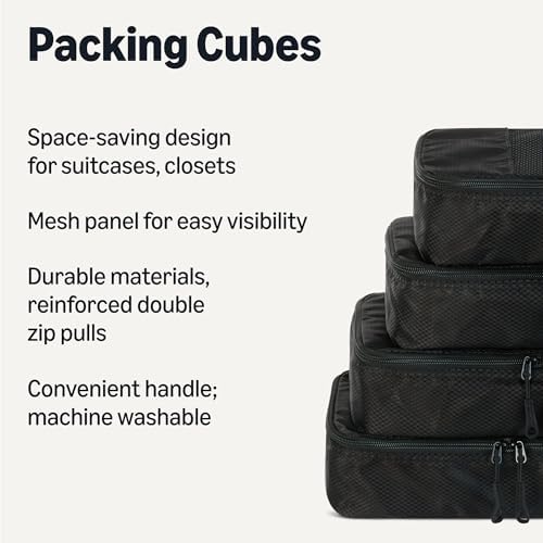 Amazon Essentials 4-Piece Packing Cubes Travel Accessories Set, Luggage Organiser with Double Zip, Mesh Top, Polyester, Small, Black (Previously Amazon Basics) - Image 2