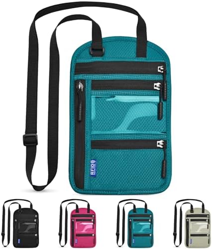 Travel Neck Wallet Passport Holder RFID Blocking Waterproof Passport Wallet Pouch Travel Document Holder Organiser Bag with Adjustable Neck Strap for Men Women, Lake Blue