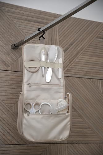 BÉABA Baby Travel Toiletries Bag – 10 Care Accessories from Birth – Rotating Hook, Compact Size, Double Zip – Thermometers, Nail Clippers, Baby Nasal Aspirator, Brush – Clay Colour - Image 7