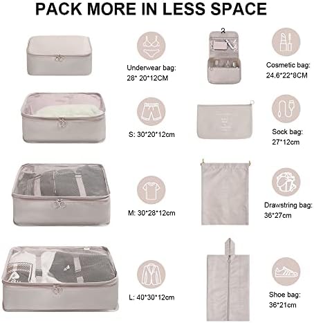 OSDUE Packing Cubes for Suitcases, 8 PCS Travel Luggage Packing Organizers Waterproof Travel Essentials Bag Accessories, Clothes Shoes Cosmetics Toiletries Storage Bags, Beige - Image 2