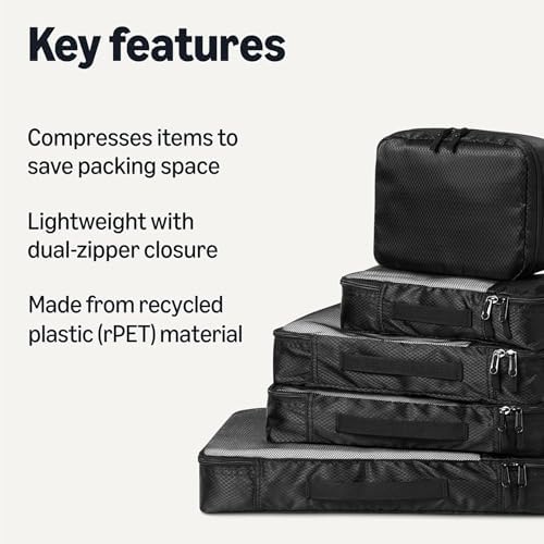 Amazon Essentials 8-Piece Packing Cubes Travel Accessories Set, Luggage Organiser with Double Zip, 100% Polyester, Multiple Dimensions, Black - Image 2