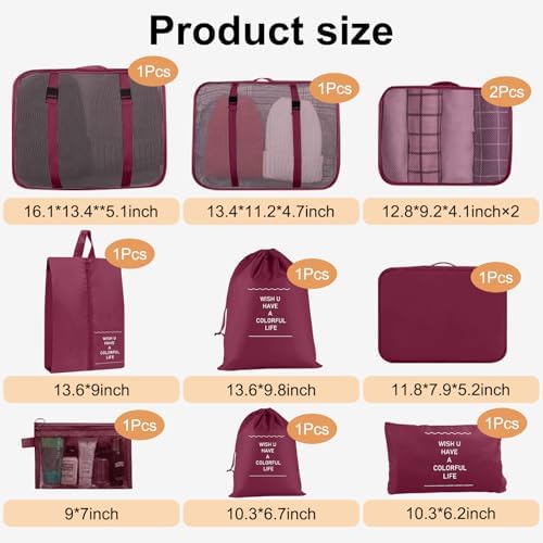 Packing Cubes for Suitcases, 10 pcs Packing Cubes Luggage Organiser Bags Travel Essentials Bags for Clothes Shoes Toiletries Travel Luggage Organizers Storage Bags-Burgundy - Image 2