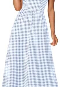 PRETTYGARDEN Women's 2025 Summer Spaghetti Strap Maxi Dresses Plaid Square Neck A Line Casual Beach Vacation Long Sundress