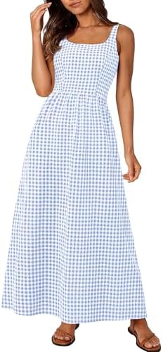 PRETTYGARDEN Women's 2025 Summer Spaghetti Strap Maxi Dresses Plaid Square Neck A Line Casual Beach Vacation Long Sundress