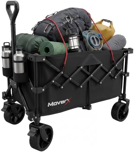MoverX 120L Festival Trolley on Wheels, Folding Wagon, Portable Camping Cart, Collapsible Foldable Trolly for Beach Outdoor Garden Picnic Shopping Fishing, Wide Wheels, Adjustable Handle, Black