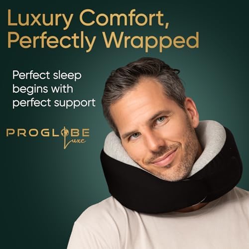 Proglobe Luxe Memory Foam Travel Neck Pillow for Airplanes, Ergonomic 360° Support with Soft Chin Support, Organic Cotton Cover, Compact Compression Bag, Charcoal Black - Image 2