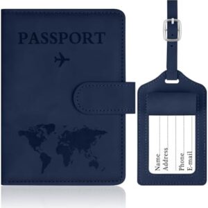 OFFCUP Passport Holder Cover, PU Leather Passport Cover and Luggage Tag Set with RFID Blocking Travel Wallet, Universal Travel Wallet Case Organiser for Money, Boarding Passes, Credit Cards Dark Blue