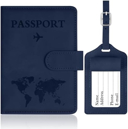 OFFCUP Passport Holder Cover, PU Leather Passport Cover and Luggage Tag Set with RFID Blocking Travel Wallet, Universal Travel Wallet Case Organiser for Money, Boarding Passes, Credit Cards Dark Blue
