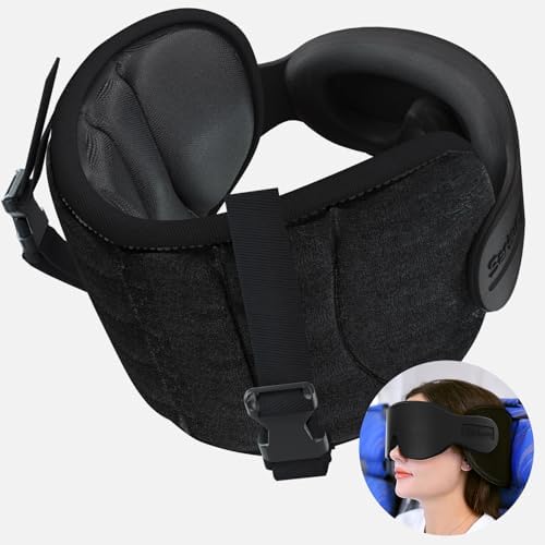 SARISUN Travel Pillow for Airplane, Plane Pillow with 3D Eye Mask for Sleeping, 360°Support Airplane Head Strap for Long Flight, Stop Bobblehead, Travel Essential, Black