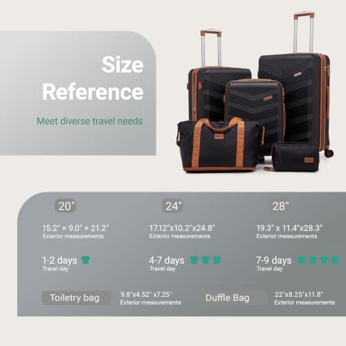 CONCEPTEN Expandable Hardshell Luggage Set 5 Piece, 22x14x9 Airline Approved Carry On, 20/24/28" Suitcase Set with TSA Lock, Spinner Wheels, ABS+PC (Black) - Image 9