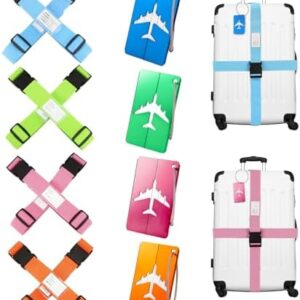 Luggage Straps, 8 Pcs Adjustable Suitcase Straps Belts with 4 Pcs Metal Luggage Tags Heavy Duty Adjustable Suitcase Belts