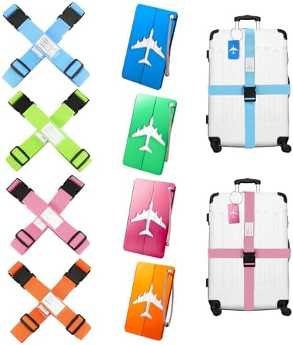 Luggage Straps, 8 Pcs Adjustable Suitcase Straps Belts with 4 Pcs Metal Luggage Tags Heavy Duty Adjustable Suitcase Belts