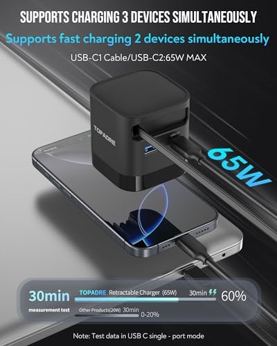 65W Retractable Travel USB C Charger, 3-Ports Foldable Travel Adapter Plug Converter with UK/EU/AU Plugs, Fast Charging for Laptop, for Macbook Pro/Air, for iPhone 17/16/15 series, iPad Pro/Air, Black - Image 6