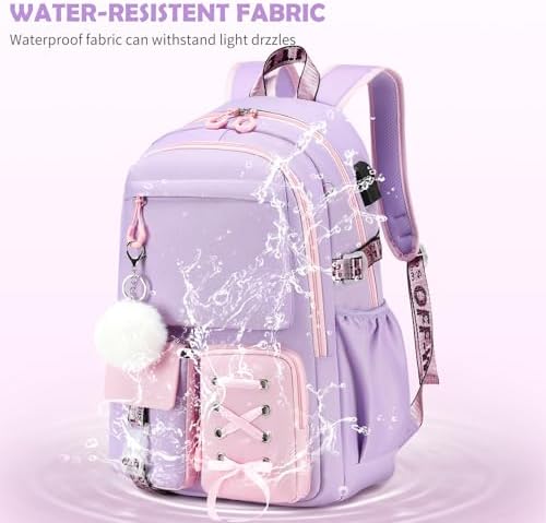 3PCS School Bags for Girls, 3-in-1 Kids Backpack Set with Lunch Pouch & Pencil Case, Water-Resistant Girls Rucksack Book Bag for Primary Secondary School, Purple-Pink - Image 7