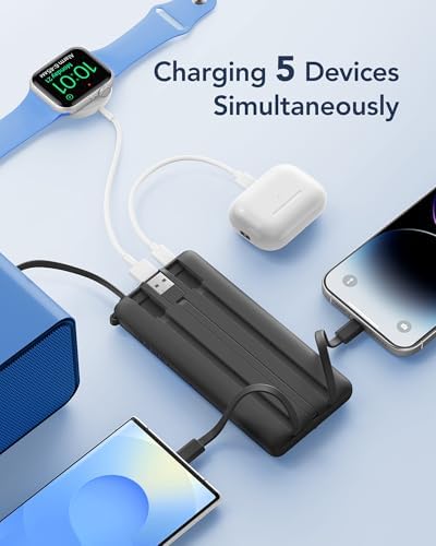 VRURC 10000mAh Power Bank With Built in Cables,USB C Battery Pack Portable Charger with 5 Outputs 2 Inputs Powerbank LED Display compatible with iPhone 17 16 15 14, Samsung,Android-Dark(1 Pack) - Image 3