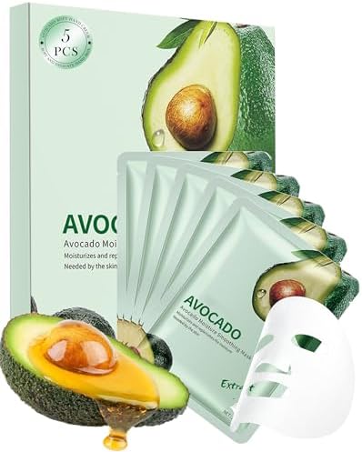 Facial Sheet Mask Set,5Pcs Avocado Hydrating Moisturizing Face Mask Product | Korean Beauty Facial Skin Care, Fade Fine Lines Beach Vacation Essentials, Thanksgiving Christmas Skincare Kit for Women Girl