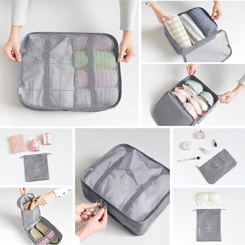 LANSKLBD 8 Set Packing Cubes for Suitcases, Travel Luggage Organizers, Essentials for Accessories, Shoe Bag, Toiletry Bag, Laundry Bag (Grey) - Image 4