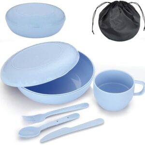 Evanda Camping Mess Kit with Bowl, Plate, Cup, Spoon, Fork, Knife and Carry Bag, Reusable Camping Accessories Essentials Gear Light Weight and Small Space Easy to Carry or Put in Backpack