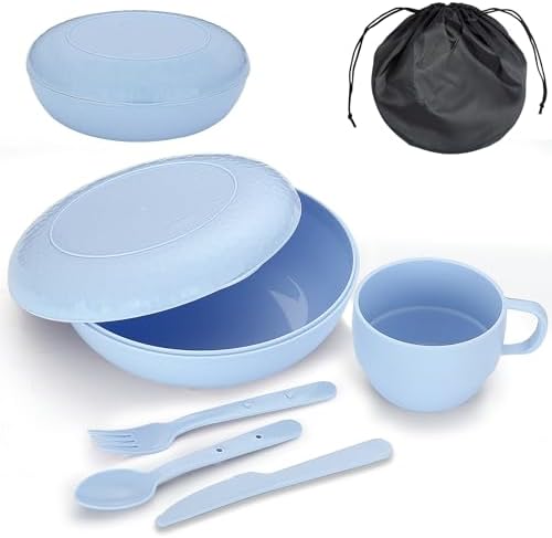 Evanda Camping Mess Kit with Bowl, Plate, Cup, Spoon, Fork, Knife and Carry Bag, Reusable Camping Accessories Essentials Gear Light Weight and Small Space Easy to Carry or Put in Backpack
