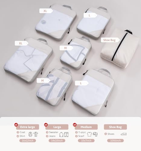Meowoo Compression Packing Cubes 7 Set, Ripstop Mesh Travel Organizers for Luggage, Multi-Functional Ultralight Expandable Packing Cubes for Suitcase, Carry-on Luggage, Travel, Backpack, Beige - Image 2