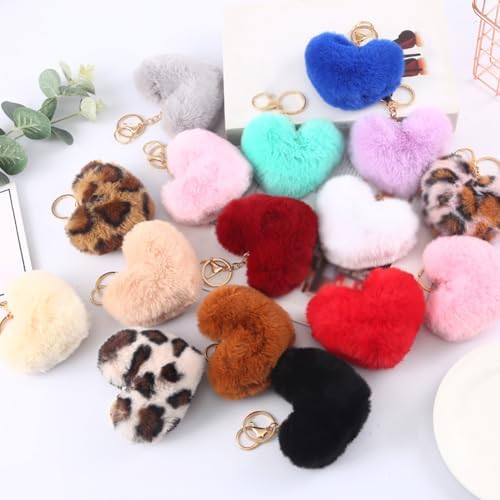 JIHUOO 3 Pcs Heart Pom Pom Keychains Faux Fur Pom Pom Key Chain Ring Cute Bag Charms Puff Ball Keychain Fluffy Backpack Charms for Girls Women Pink white purple - Image 4