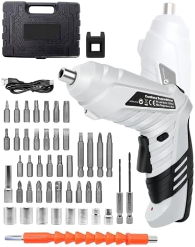 50 Piece Electric Screwdrivers Cordless, 1300mAh Cordless Screwdriver Rechargeable, 3.6V Rotatable 90 Degrees Electric Screwdriver Set for Home DIY, Gift for Man Father's Day, White