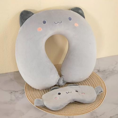 Travel Pillow Kids Travel Pillow with Sleep Eye Mask Cute Neck Pillow for Travel Soft Memory Foam Travel Neck Pillow for Adults and Kids Airplane Sleeping Travel and Camping (grey cat) - Image 5
