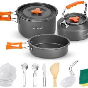 NutriChef Camping Cookware Set - Lightweight Nonstick Pots, Pans, Utensils, Bowls, Cutlery, and Cleaning Tools with Mesh Bag, Foldable Handles, Compact Outdoor Cooking Gear for Hiking & Travel (Grey)