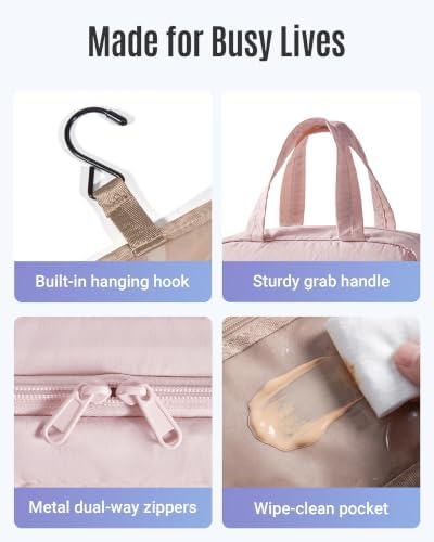 LIGHT FLIGHT Hanging Toiletry Bag for Women, Travel Wash Bag | Full-size Toiletries, Cosmetic & Skincare Storage, Travel Accessories, Utral Lightweight, Baby Pink - Image 3