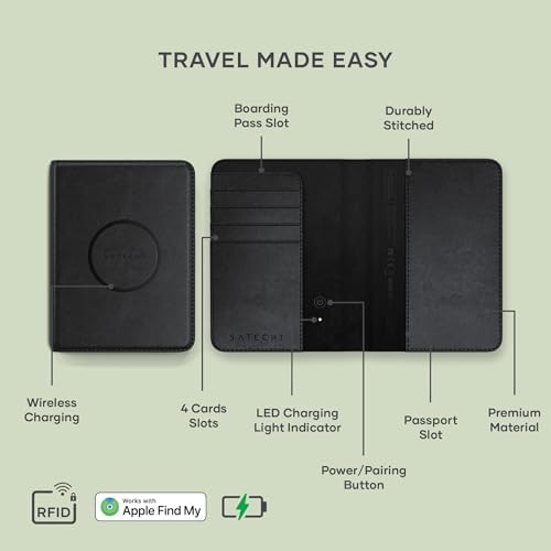Satechi Passport Holder for Travel with Find My, Passport Cover with 4 Card Holder, Wireless Charging, and RFID Protection – Travel Essential Synthetic Material (PU) Passport Holder – Black - Image 2