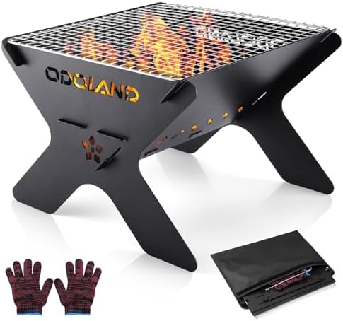 Odoland Camping Fire Pit, Portable Fire Pit for Camping, 2 in 1 Wood Burning Fire pit Grill with Detachable Cooking Grate for Outdoor BBQ, with Carry Bag