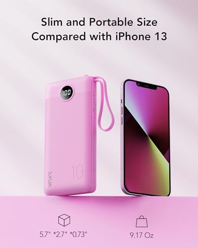VRURC Power Bank with Built in Cables,10000mAh USB C Portable Charger with 5 Outputs & 2 Inputs and LED Display, External Battery Bank for iPhone/iPad/Samsung Galaxy Tablets and More - Image 7