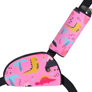 Car Seat Belt Pads for Kids, Seatbelt Strap Cover Accessories Adjuster for Children, 2pcs Seatbelt Shoulder Cushion Set with Non-Slip Positioning Clip for Travel (Dinosaur Pink)