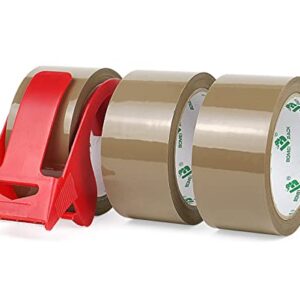 BOMEI PACK 3 Rolls No Bubble Brown Secure Sticky Packing Tape with 1 Dispenser,Heavy Duty Sealing Tape for Moving Boxes Sealing,48mic x 48mm x 66m