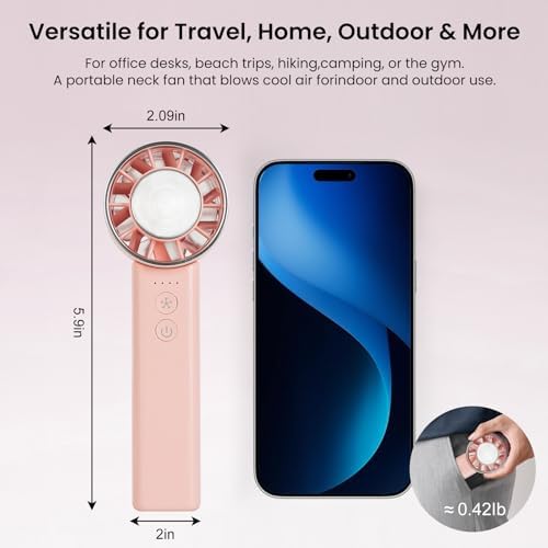 Hand Held Fan - 4 Speeds Adjustable 4800mAh,Foldable,Lightweight Neck-Worn Design,Beach Vacation Essentials,Portable Fan for Travel,Cooling for Camping Outdoor and Indoor - Pink - Image 6