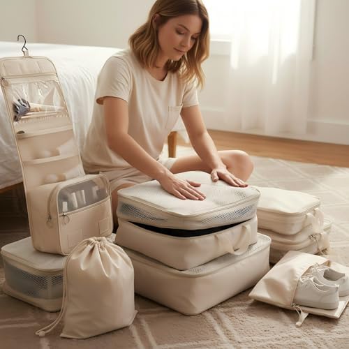 Travel Compression Packing Cube Set – Compression Organisers with Shoe Bag, Toiletry Pouch & Laundry Bag, Lightweight Luggage Storage for Business Trips or Weekend Getaways (Beige, 9 Set) - Image 7